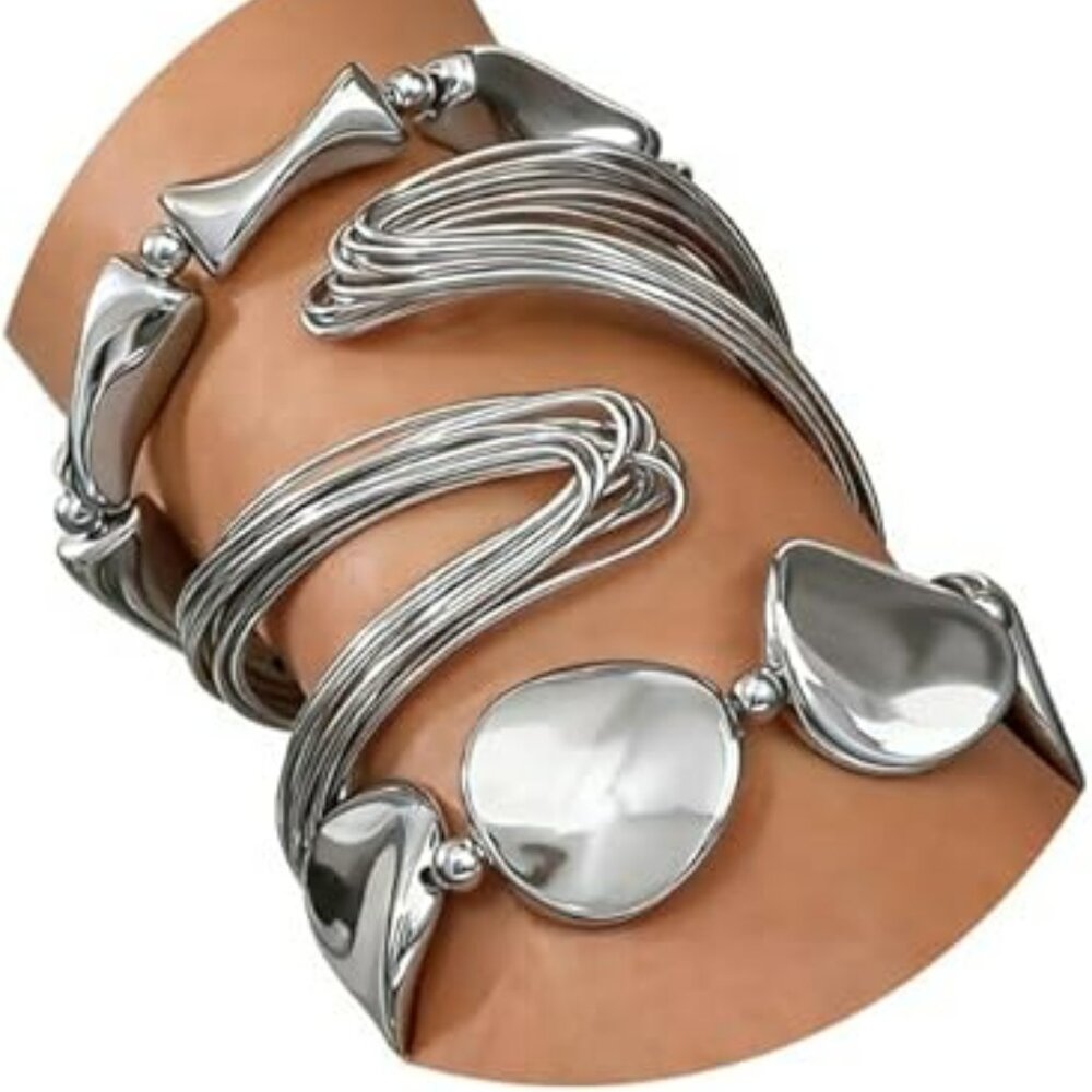 Silver Plated Layered Twist Beaded Bangles Set Twisted Wave Wrist Cuff Trendy